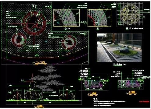 新中式庭院枯山水 CAD 施工图，置石沙景平面、立剖面、基层排水节点大样图 ...