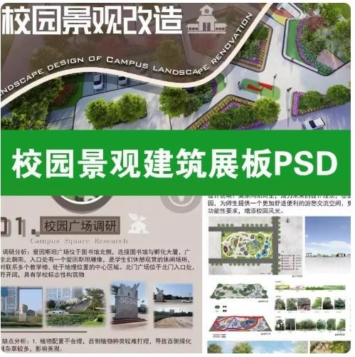 校园景观改造展板 PSD 模板，园林环艺城规前期分析图、效果图排版 PS 素材